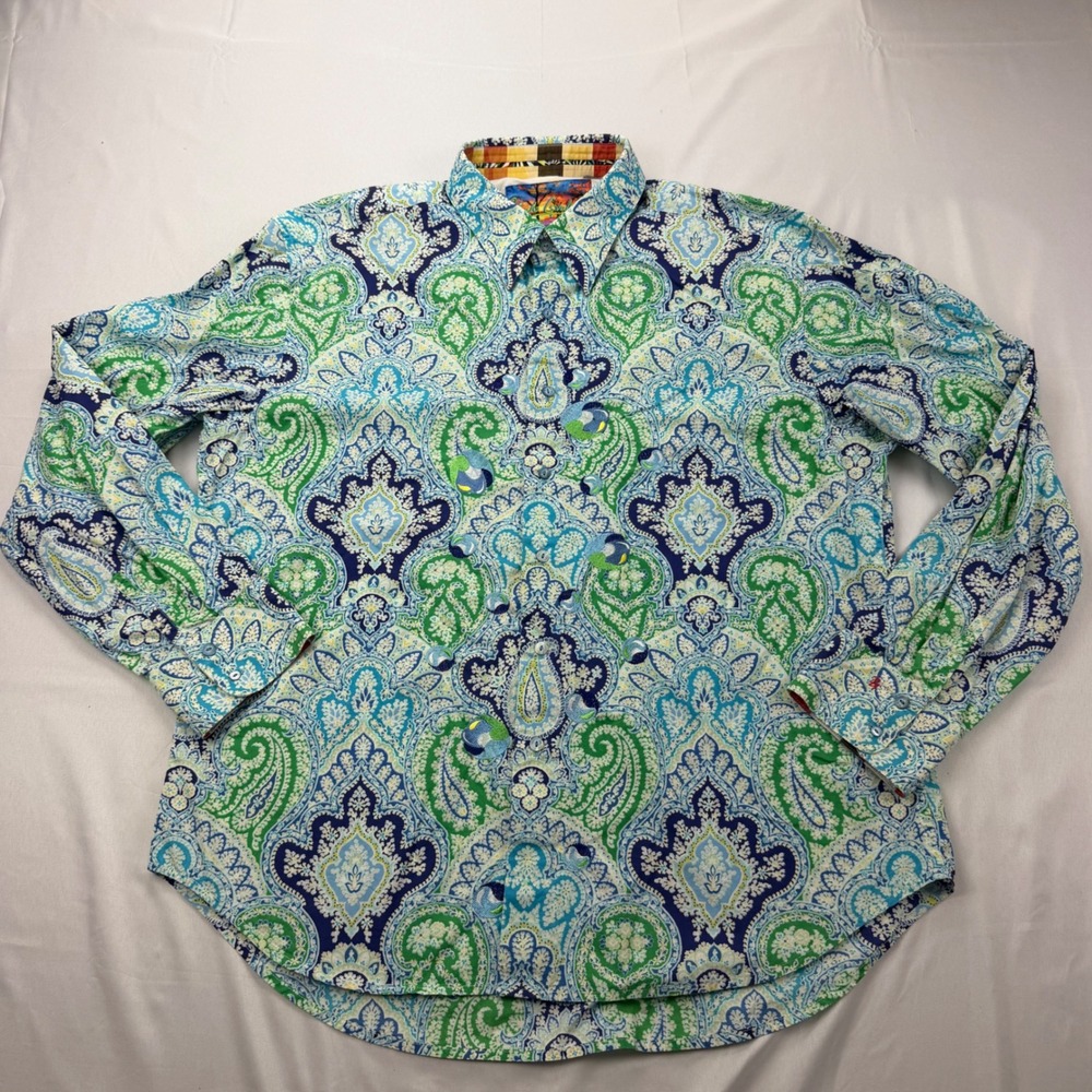 Robert Graham Button Down Shirt Mens 2XL Blue Green Paisley Long Sleeve Cotton